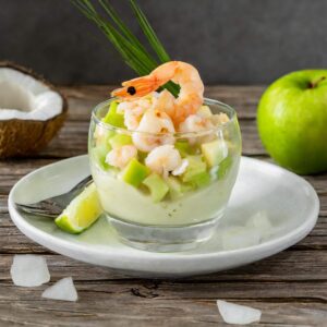 Ceviche de Manzana y Camarón con Aguacate y Coco