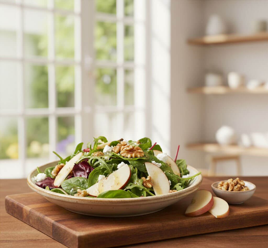 Ensalada de Manzana Europea, Queso de Cabra y Nueces Caramelizadas