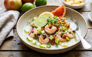 Ceviche de Manzana y Camarones con Leche de Tigre de Cítricos