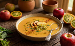 Sopa cremosa de manzanas europeas ahumada y lulo