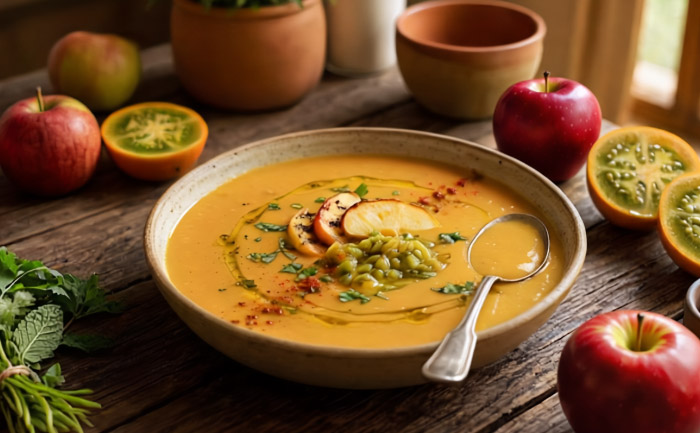 Sopa cremosa de manzanas europeas ahumada y lulo